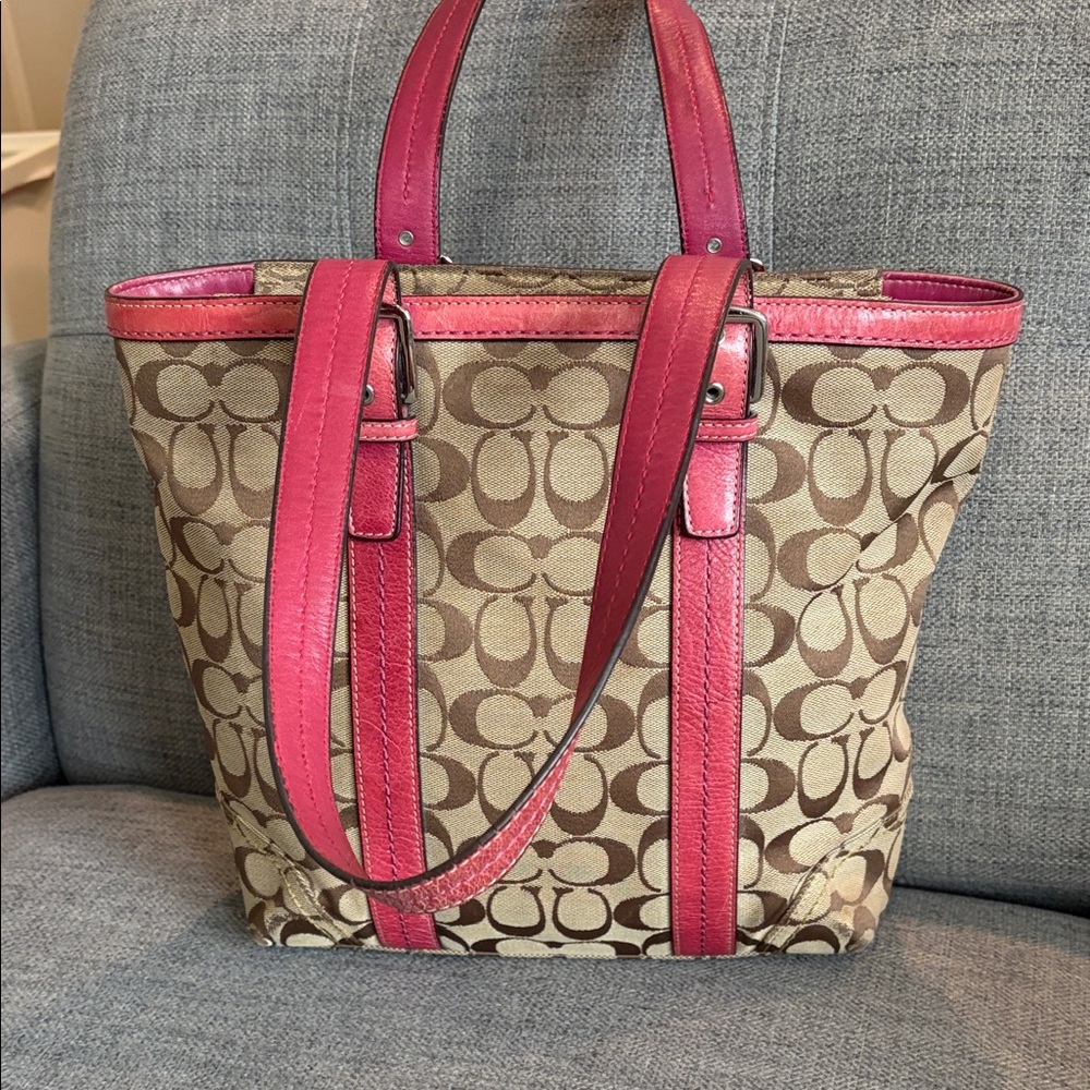 Coach Brown Signature Canvas Tote with Pink Trim - Picture 9 of 15